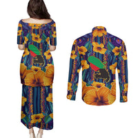 Martinique Map and Hibiscus Couples Matching Puletasi and Long Sleeve Button Shirt Island Silhouette with Tribal Stripe Accents