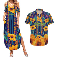 Martinique Map and Hibiscus Couples Matching Summer Maxi Dress and Hawaiian Shirt Island Silhouette with Tribal Stripe Accents