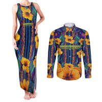 Martinique Map and Hibiscus Couples Matching Tank Maxi Dress and Long Sleeve Button Shirt Island Silhouette with Tribal Stripe Accents