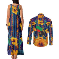 Martinique Map and Hibiscus Couples Matching Tank Maxi Dress and Long Sleeve Button Shirt Island Silhouette with Tribal Stripe Accents