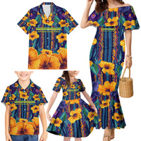 Martinique Map and Hibiscus Family Matching Mermaid Dress and Hawaiian Shirt Island Silhouette with Tribal Stripe Accents