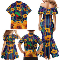 Martinique Map and Hibiscus Family Matching Mermaid Dress and Hawaiian Shirt Island Silhouette with Tribal Stripe Accents