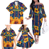 Martinique Map and Hibiscus Family Matching Off The Shoulder Long Sleeve Dress and Hawaiian Shirt Island Silhouette with Tribal Stripe Accents