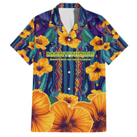 Martinique Map and Hibiscus Family Matching Off The Shoulder Long Sleeve Dress and Hawaiian Shirt Island Silhouette with Tribal Stripe Accents