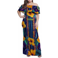 Martinique Map and Hibiscus Family Matching Off Shoulder Maxi Dress and Hawaiian Shirt Island Silhouette with Tribal Stripe Accents