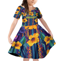 Martinique Map and Hibiscus Family Matching Off Shoulder Short Dress and Hawaiian Shirt Island Silhouette with Tribal Stripe Accents