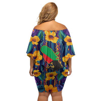 Martinique Map and Hibiscus Family Matching Off Shoulder Short Dress and Hawaiian Shirt Island Silhouette with Tribal Stripe Accents