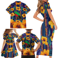Martinique Map and Hibiscus Family Matching Short Sleeve Bodycon Dress and Hawaiian Shirt Island Silhouette with Tribal Stripe Accents