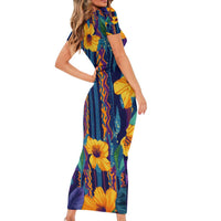 Martinique Map and Hibiscus Family Matching Short Sleeve Bodycon Dress and Hawaiian Shirt Island Silhouette with Tribal Stripe Accents