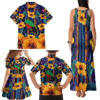 Martinique Map and Hibiscus Family Matching Tank Maxi Dress and Hawaiian Shirt Island Silhouette with Tribal Stripe Accents