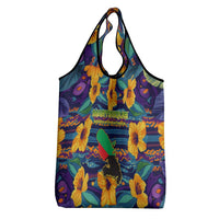 Martinique Map and Hibiscus Grocery Bag Island Silhouette with Tribal Stripe Accents
