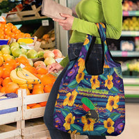 Martinique Map and Hibiscus Grocery Bag Island Silhouette with Tribal Stripe Accents