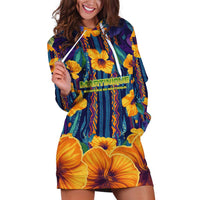 Martinique Map and Hibiscus Hoodie Dress Island Silhouette with Tribal Stripe Accents