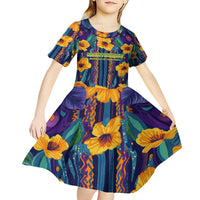 Martinique Map and Hibiscus Kid Short Sleeve Dress Island Silhouette with Tribal Stripe Accents