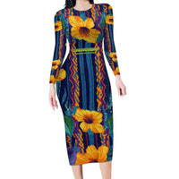 Martinique Map and Hibiscus Long Sleeve Bodycon Dress Island Silhouette with Tribal Stripe Accents