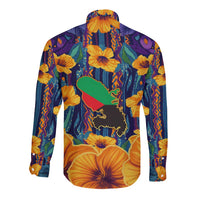 Martinique Map and Hibiscus Long Sleeve Button Shirt Island Silhouette with Tribal Stripe Accents