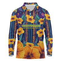 Martinique Map and Hibiscus Long Sleeve Polo Shirt Island Silhouette with Tribal Stripe Accents