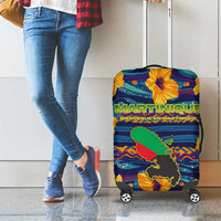 Martinique Map and Hibiscus Luggage Cover Island Silhouette with Tribal Stripe Accents