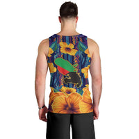 Martinique Map and Hibiscus Men Tank Top Island Silhouette with Tribal Stripe Accents