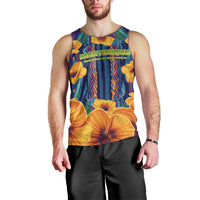 Martinique Map and Hibiscus Men Tank Top Island Silhouette with Tribal Stripe Accents