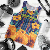 Martinique Map and Hibiscus Men Tank Top Island Silhouette with Tribal Stripe Accents