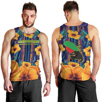 Martinique Map and Hibiscus Men Tank Top Island Silhouette with Tribal Stripe Accents