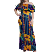 Martinique Map and Hibiscus Off Shoulder Maxi Dress Island Silhouette with Tribal Stripe Accents