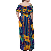 Martinique Map and Hibiscus Off Shoulder Maxi Dress Island Silhouette with Tribal Stripe Accents