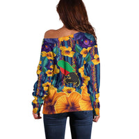 Martinique Map and Hibiscus Off Shoulder Sweater Island Silhouette with Tribal Stripe Accents