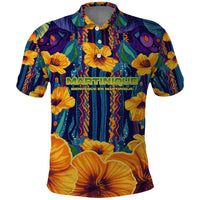 Martinique Map and Hibiscus Polo Shirt Island Silhouette with Tribal Stripe Accents