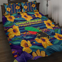 Martinique Map and Hibiscus Quilt Bed Set Island Silhouette with Tribal Stripe Accents