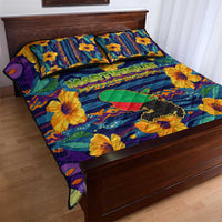 Martinique Map and Hibiscus Quilt Bed Set Island Silhouette with Tribal Stripe Accents