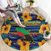 Martinique Map and Hibiscus Round Carpet Island Silhouette with Tribal Stripe Accents