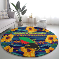 Martinique Map and Hibiscus Round Carpet Island Silhouette with Tribal Stripe Accents