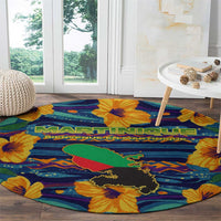 Martinique Map and Hibiscus Round Carpet Island Silhouette with Tribal Stripe Accents