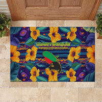 Martinique Map and Hibiscus Rubber Doormat Island Silhouette with Tribal Stripe Accents