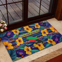 Martinique Map and Hibiscus Rubber Doormat Island Silhouette with Tribal Stripe Accents