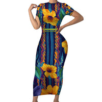 Martinique Map and Hibiscus Short Sleeve Bodycon Dress Island Silhouette with Tribal Stripe Accents