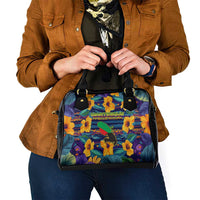 Martinique Map and Hibiscus Shoulder Handbag Island Silhouette with Tribal Stripe Accents