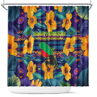 Martinique Map and Hibiscus Shower Curtain Island Silhouette with Tribal Stripe Accents