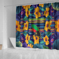 Martinique Map and Hibiscus Shower Curtain Island Silhouette with Tribal Stripe Accents
