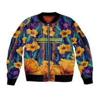 Martinique Map and Hibiscus Sleeve Zip Bomber Jacket Island Silhouette with Tribal Stripe Accents