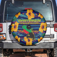 Martinique Map and Hibiscus Spare Tire Cover Island Silhouette with Tribal Stripe Accents