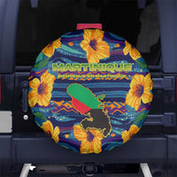 Martinique Map and Hibiscus Spare Tire Cover Island Silhouette with Tribal Stripe Accents