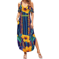 Martinique Map and Hibiscus Summer Maxi Dress Island Silhouette with Tribal Stripe Accents