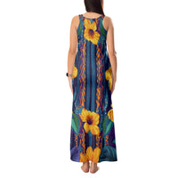 Martinique Map and Hibiscus Tank Maxi Dress Island Silhouette with Tribal Stripe Accents