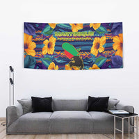 Martinique Map and Hibiscus Tapestry Island Silhouette with Tribal Stripe Accents