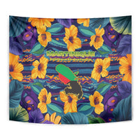 Martinique Map and Hibiscus Tapestry Island Silhouette with Tribal Stripe Accents