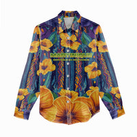 Martinique Map and Hibiscus Women Casual Shirt Island Silhouette with Tribal Stripe Accents