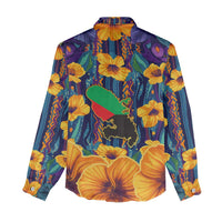 Martinique Map and Hibiscus Women Casual Shirt Island Silhouette with Tribal Stripe Accents